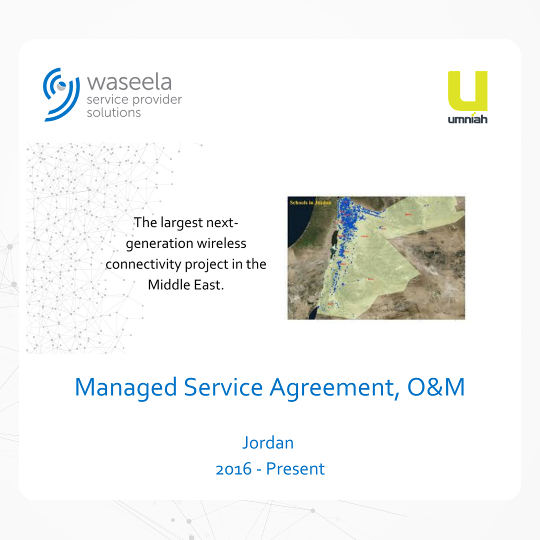 Waseela signed with Umniah an O&M Project agreement (Managed Services) to provide Level-1 & Level-2 O&M for +3,200 schools broadband network & +400 Backhaul links across the kingdom of Jordan and handling the spare parts management